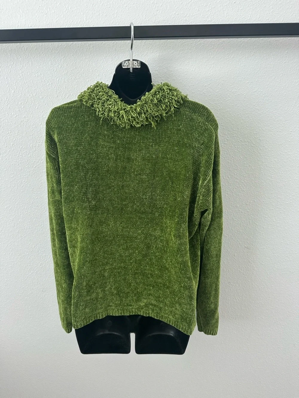 Lisa international Green Chenille‎ Zip Cardigan with Textured Collar & Pockets